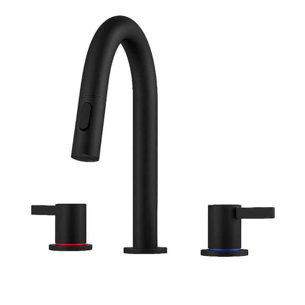 Abdera 8 in. Widespread Double Handle Bathroom Faucet with Pop-Up Drain and 360° Pull-Down Sprayer in Matte Black