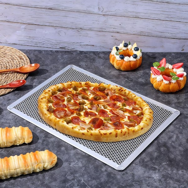 2-Piece Aluminum Pizza Screen Crisper Pan Set Restaurant Grade Flatbread Baking Rack Oven Safe for Crispy Crust