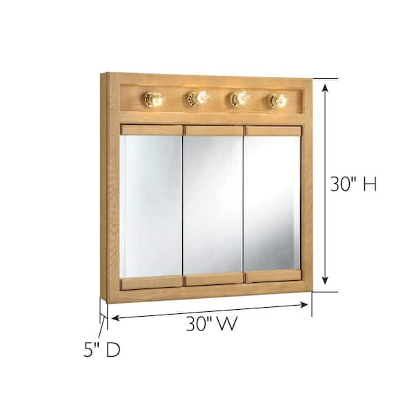 Richland 30 in. x 30 in. x 5 in. Surface-Mount 4-Light Tri-View Bathroom Medicine Cabinet in Nutmeg Oak