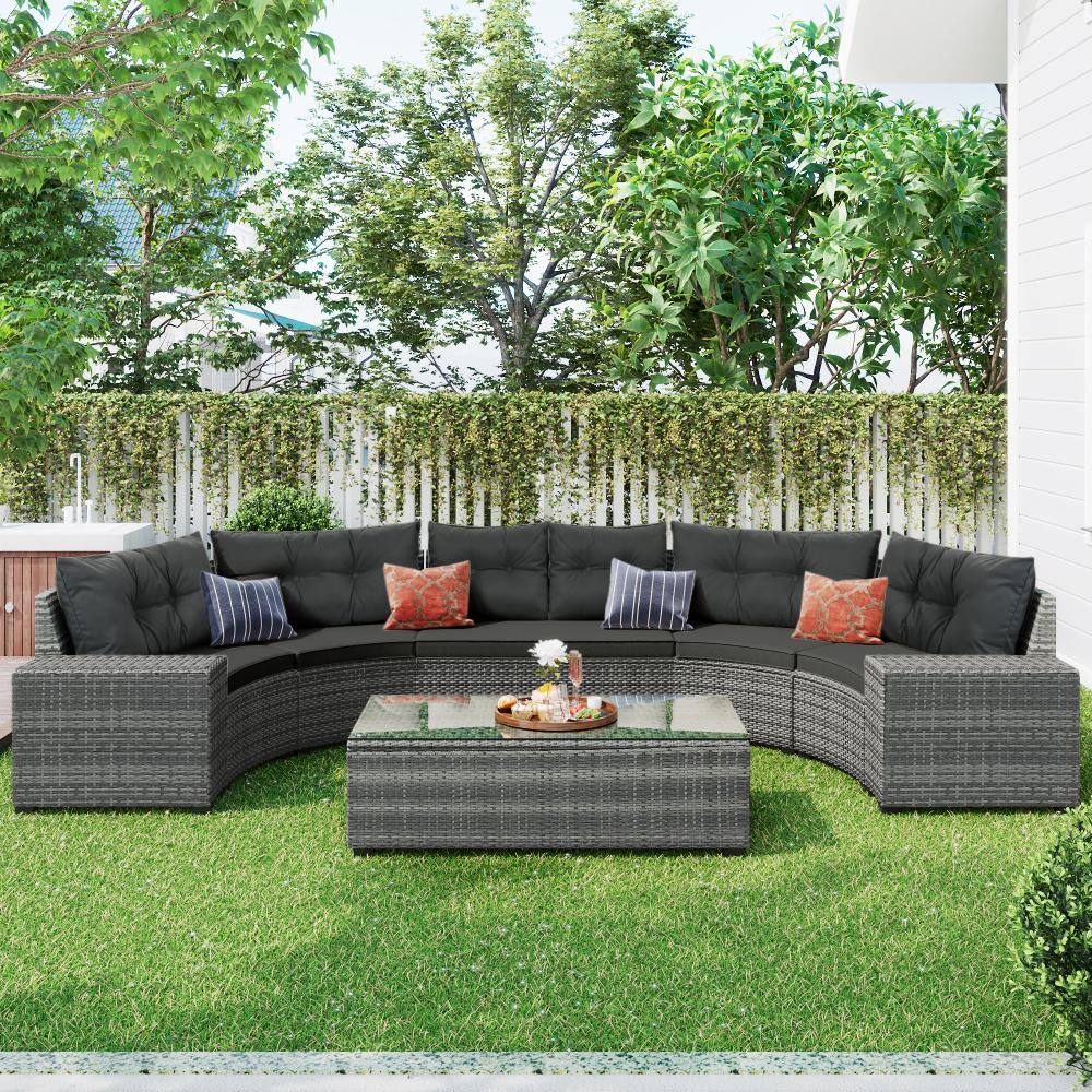 8-Piece Wicker Patio Conversation Furniture Set, Half-Moon Curved Outdoor Sectional with Coffee Table, Gray Cushions price history on PriceWatchPro