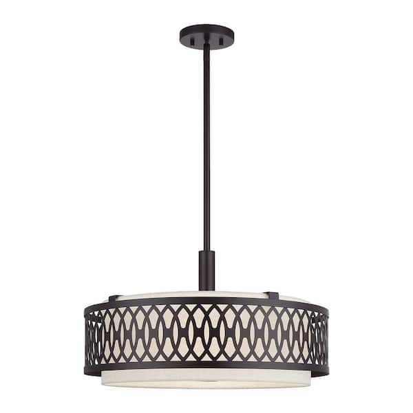 Vistaview 4-Light English Bronze Chandelier with Oatmeal Fabric Shade