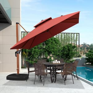 10 ft. Square Quality Aluminum Polyester Wood Pattern Patio Umbrella Cantilever Umbrella with Wheels Base, Brick Red