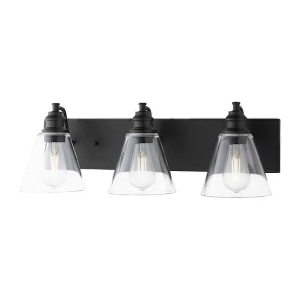 Hampton Bay Manor 24 in. 3-Light Matte Black Industrial Bathroom Vanity Light with Clear Glass Shades