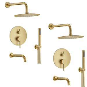 10 in. Round Rainfall Double Handles 3-Spray Tub and Shower Faucet 2.5 GPM in. Brushed Gold Valve Included (2 Pack)