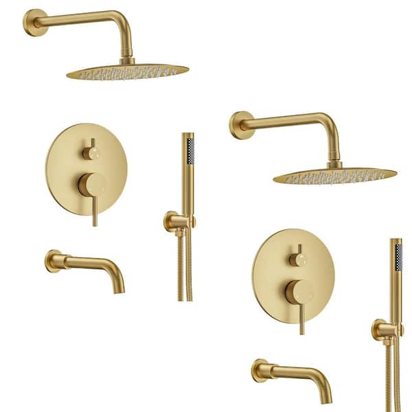 YAWWALK 10 in. Round Rainfall Double Handles 3-Spray Tub and Shower Faucet 2.5 GPM in Brushed Gold Valve Included