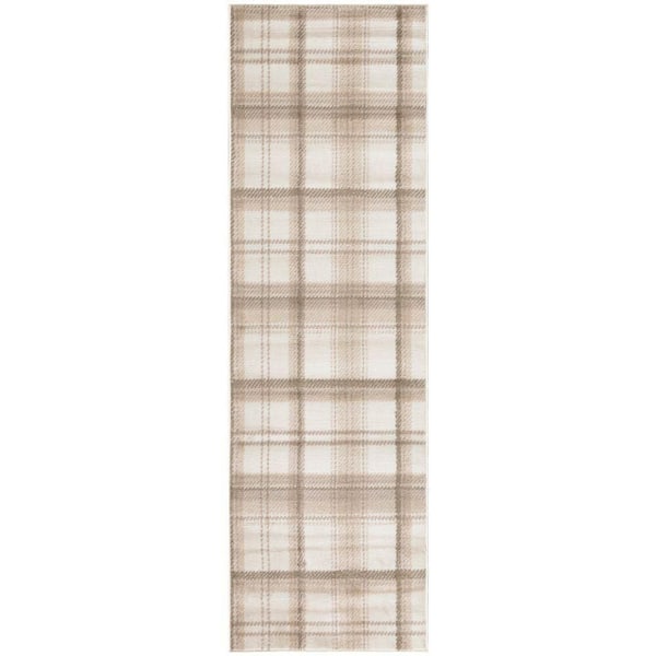 Grafix Ivory Beige 2 ft. x 10 ft. Plaid Contemporary Runner Area Rug