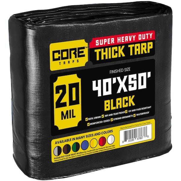 CORE TARPS 40 ft. x 50 ft. Black 20 Mil Heavy Duty Polyethylene Tarp, Waterproof, UV Resistant, Rip and Tear Proof
