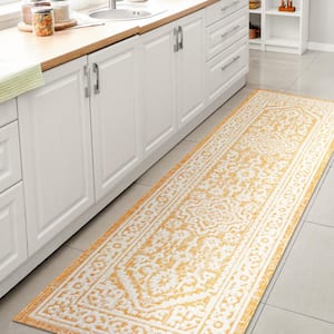 Sinjuri Yellow/Cream 2 ft. x 10 ft. Medallion Textured Weave Indoor/Outdoor Area Rug