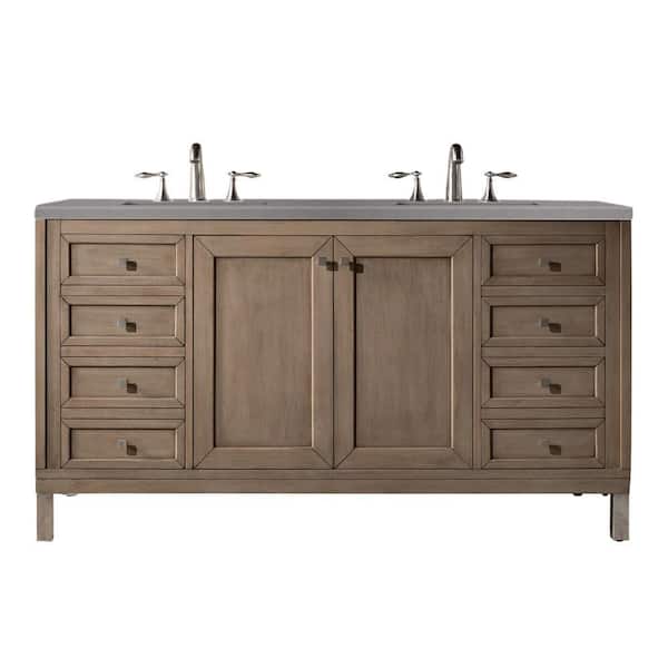 James Martin Vanities Chicago 60 in. W x 23.5 IN. D x 33.8 in. H Double Bath Vanity in Whitewashed Walnut with Quartz Top in Grey Expo