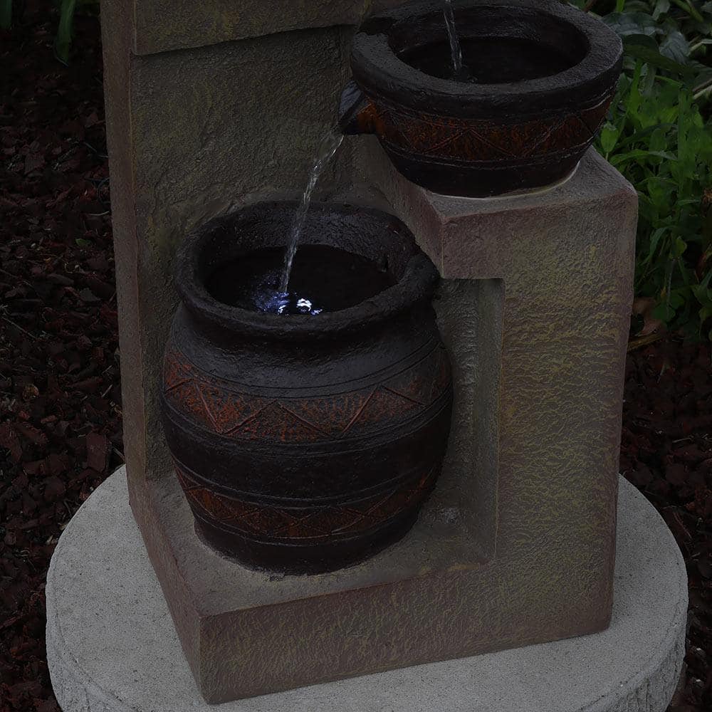 30-Inch Brown Polystone Solar Powered Cascading Water Fountain with LED Light