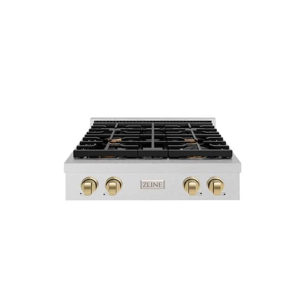 ZLINE Kitchen and Bath Autograph Edition Paramount 30 in. 4-Burner Porcelain Cooktop in Fingerprint Resistant Steel/Champagne Bronze Accents