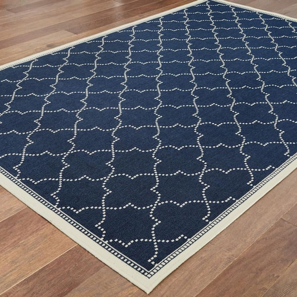 Blue, Ivory 2 ft. x 4 ft. Loomed Geometric Polypropylene Rectangle Indoor/Outdoor Area Rug