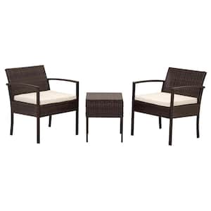 3-Piece Brown PE Wicker Patio Outdoor Conversation Set with Beige Cushions and Glass Coffee Table