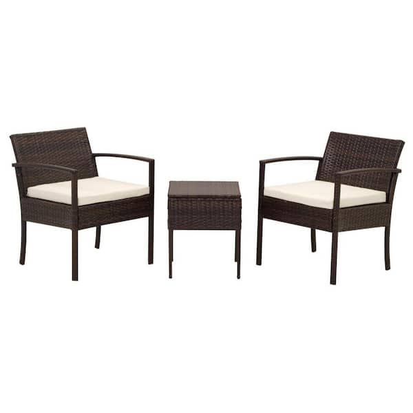 Unbranded 3-Piece Brown PE Wicker Patio Outdoor Conversation Set with Beige Cushions and Glass Coffee Table
