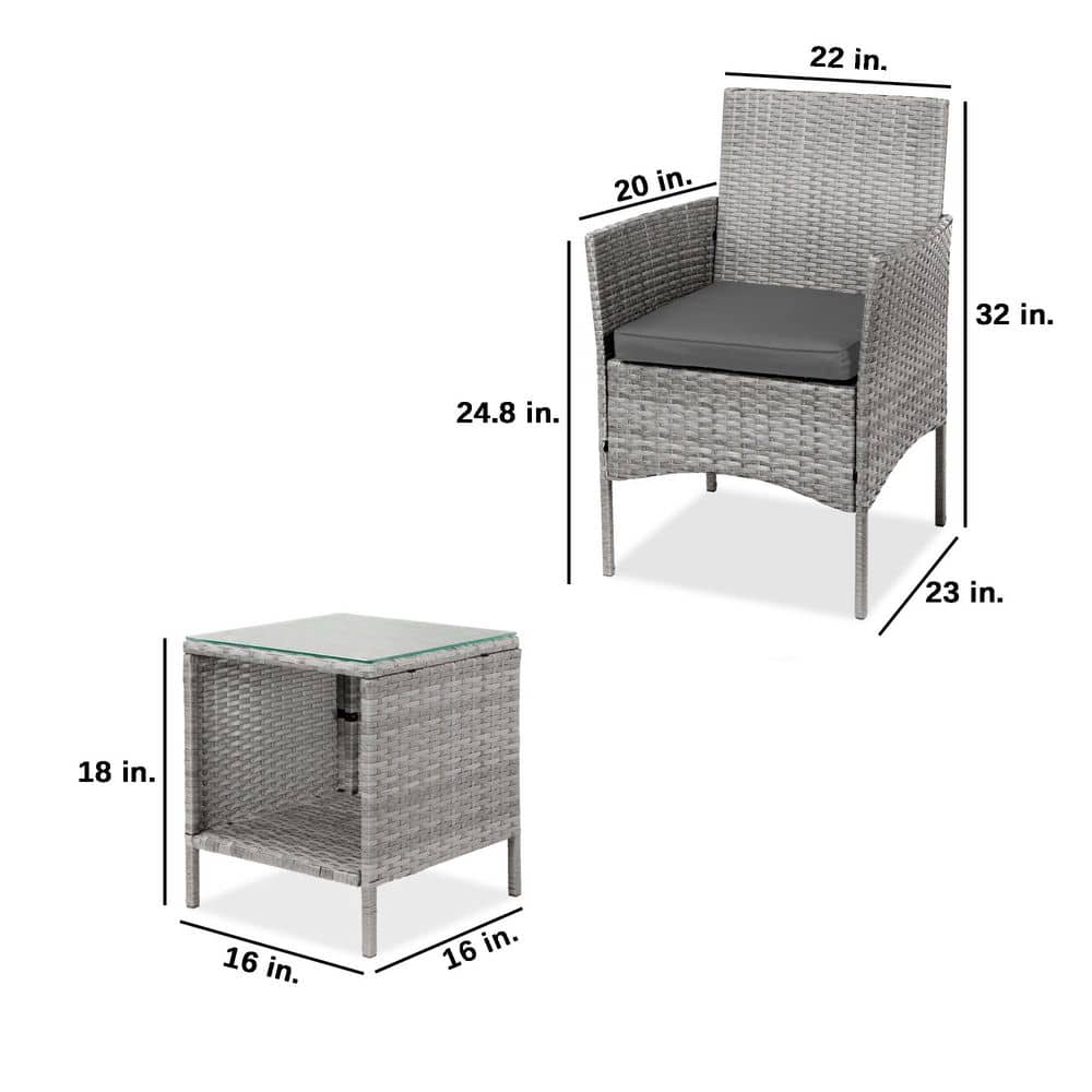 Gray Wicker 3-Piece Outdoor Bistro Set with Cushions and Glass Tabletop
