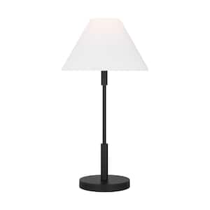 Porteau 23 in. Midnight Black Medium Table Lamp with White Linen Fabric Shade