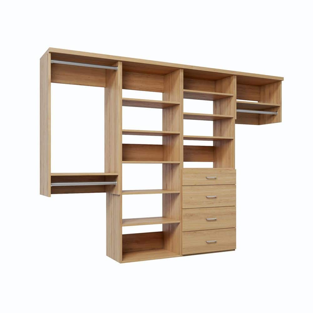 108 in. W Natural Oak Reach-in Wall-Mount 3-Rod 4-Slab-Drawers 11-Shelf Wood Closet System