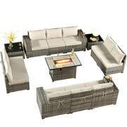 Crater Grey 13-Piece Wicker Wide-Plus Arm Outdoor Fire Pit Patio Conversation Sofa Set with Beige Cushions