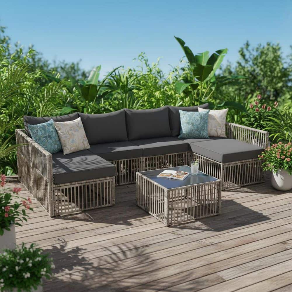 7 Pieces Gray Metal Outdoor Sectional Set with Adjustable Backrest