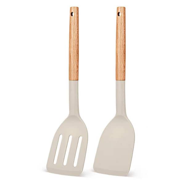 Silicone Wood Finish Heat Resistant Spatula Nonstick Flexible Turner Accessory Set with Wooden Handle 2-Pack