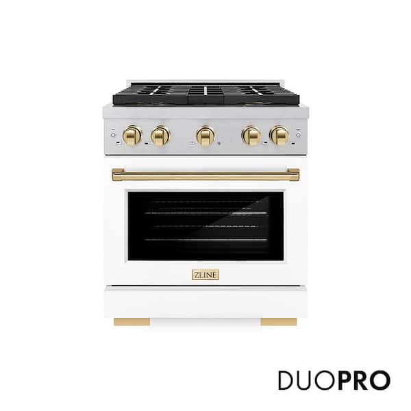 Autograph 30 in. 4.2 cu. ft. Dual Fuel Range with 4 Burner Cooktop in Satin Stainless Steel with White Matte and Gold