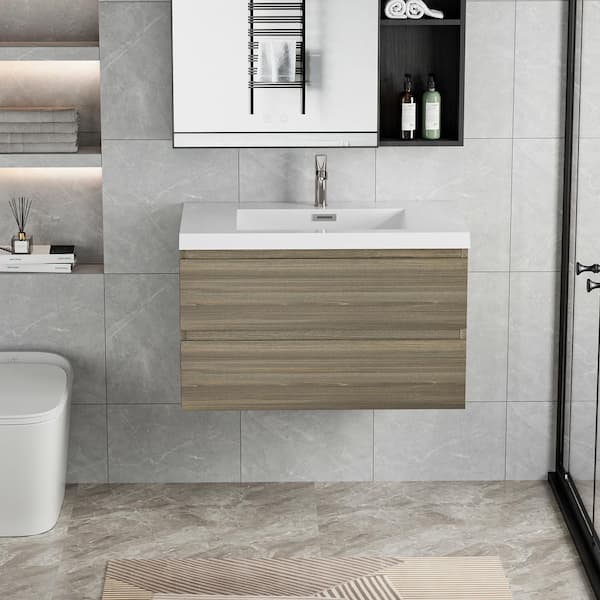 Abruzzo 36 in. W x 19-3/4 in. D x 22-1/5 in. H Bathroom Wall Hung Vanity in Ash Grey with Single Basin Vanity Top in White
