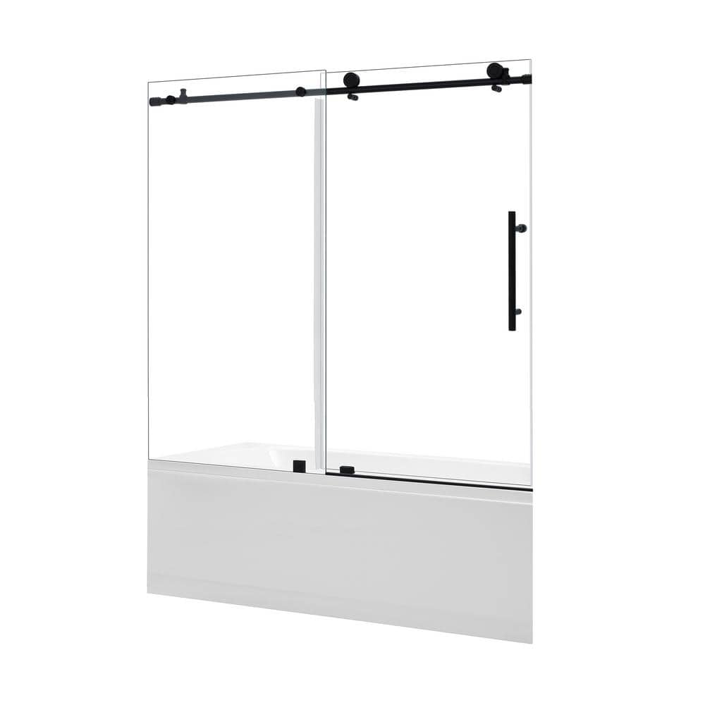 Matte Black Frameless Sliding Tub Door with Clear Glass