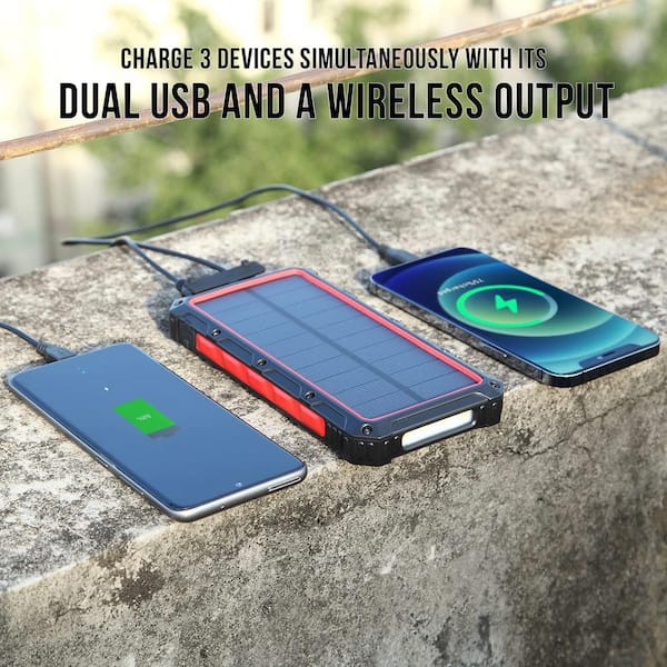 BLAVOR 10000mAh Solar Power Bank Battery Pack, Waterproof Qi Wireless Solar  Charger for Cell Phone 