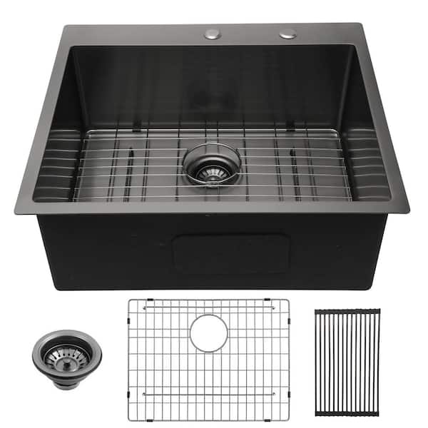 Sarlai 25 in. Top Mount/Drop-in Single Bowl 16-Gauge Gunmetal Black Stainless Steel Kitchen Sink with Bottom Grid