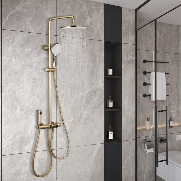 3-Spray 2.64 GPM 10 in. Wall Mount Fixed and Handheld Dual Shower Head with Thermostatic Shower Valve in Brushed Gold