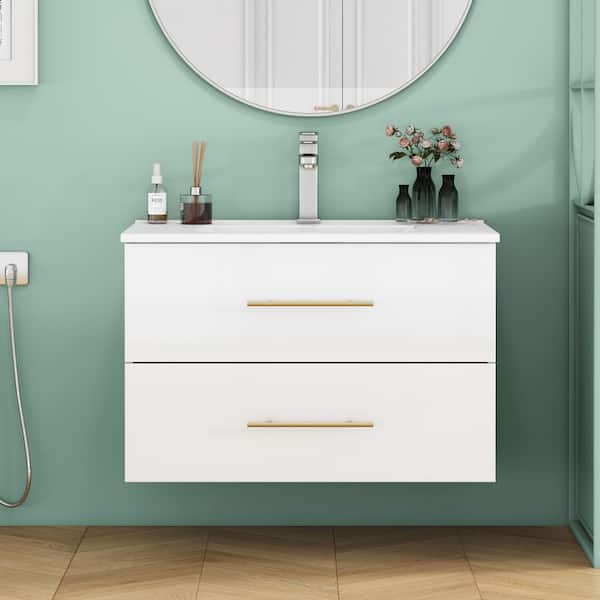 30 in. Wall-Mounted Glossy White Bath Vanity with White Ceramic Top Unassembled
