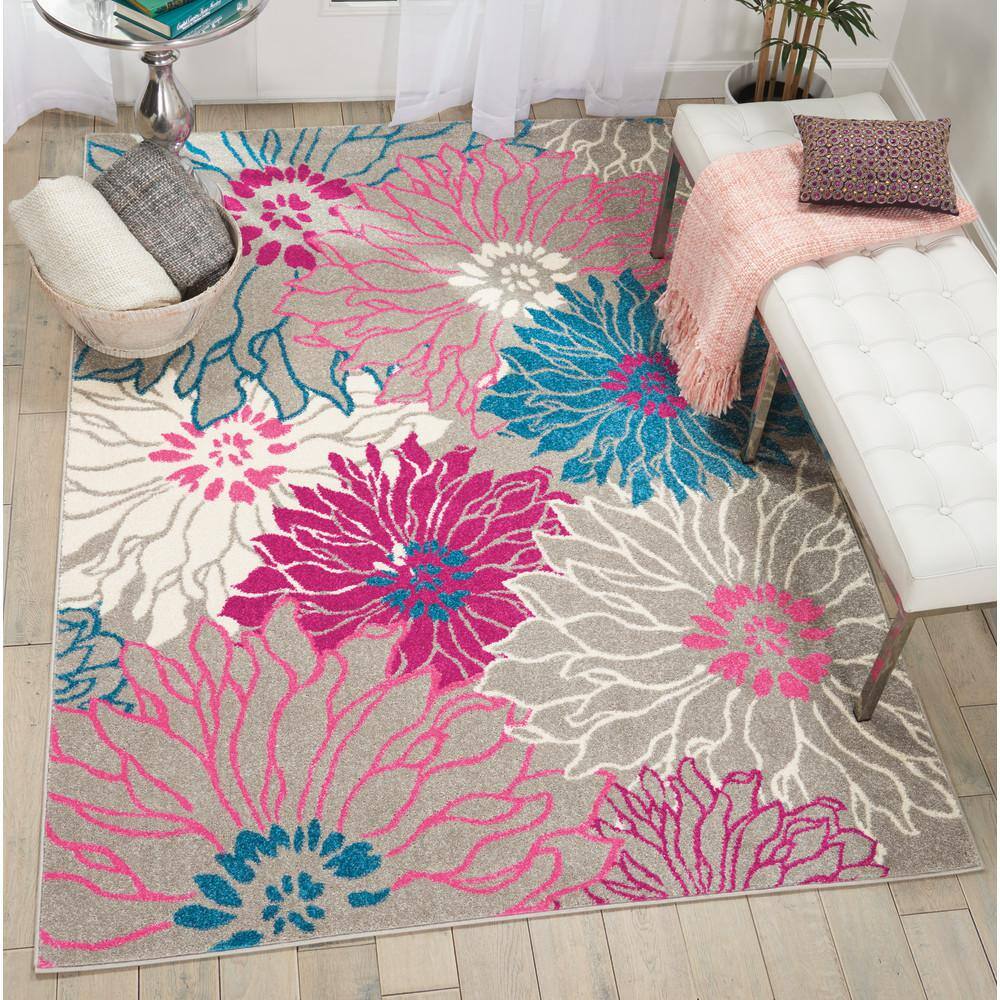 Gray and Pink Floral Synthetic 5' x 7' Area Rug