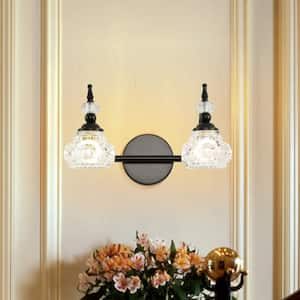 2-Light Vintage Bathroom Vanity Light Fixture Bathroom Lighting Modular Black Finish with Crystal Glass Shade
