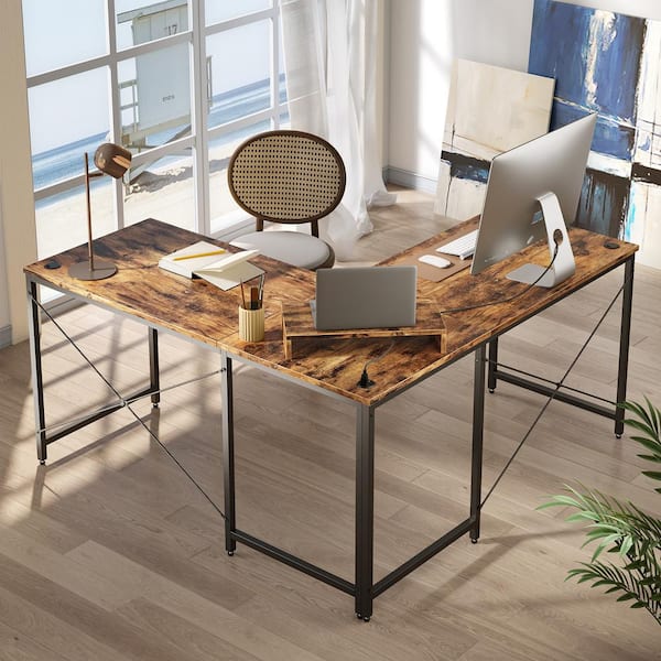 Costway L-Shaped Reversible Computer Desk 2-Person Long Table w/Monitor  Stand Rustic Brown