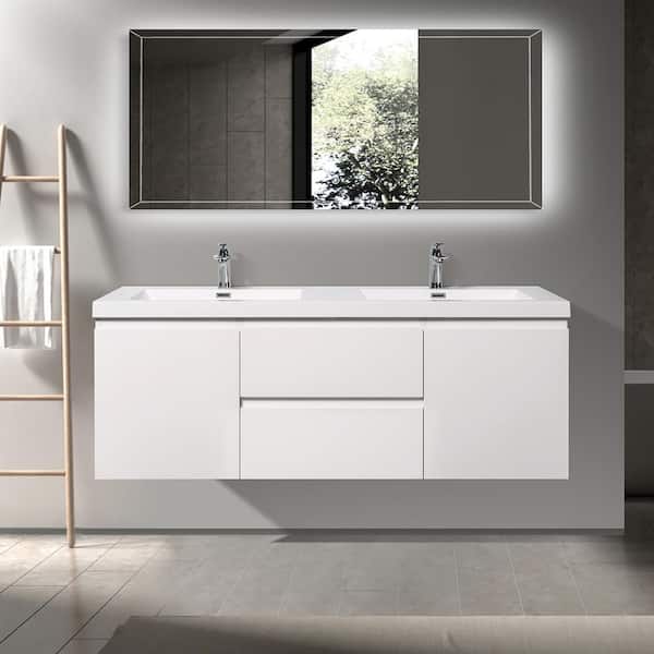 Staykiwi 59 in. W x 19.7 in. D x 22.5 in. H Double Sinks Wall Mounted Bath Vanity in White with White Culture Marble Top