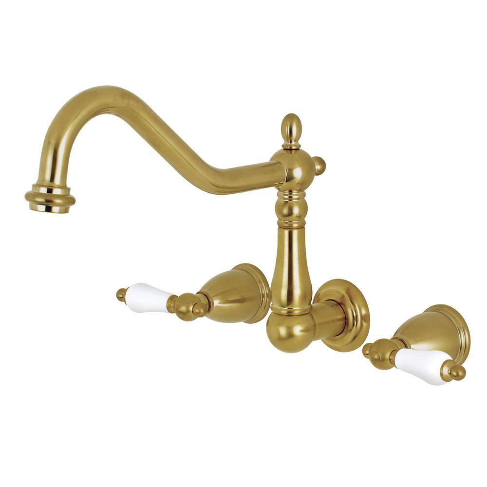 Kingston Brass Heritage 2 Handle Wall Mount Roman Tub Faucet In Brushed Brass Hks1027pl The 1231