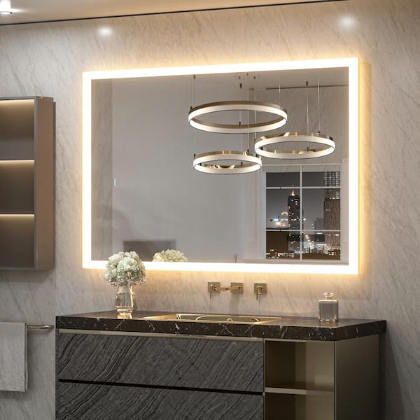 KeonJinn 40 in. W x 32 in. H Large Rectangular Frameless LED Light Anti-Fog Acrylic Sensor Wall Bathroom Vanity Mirror