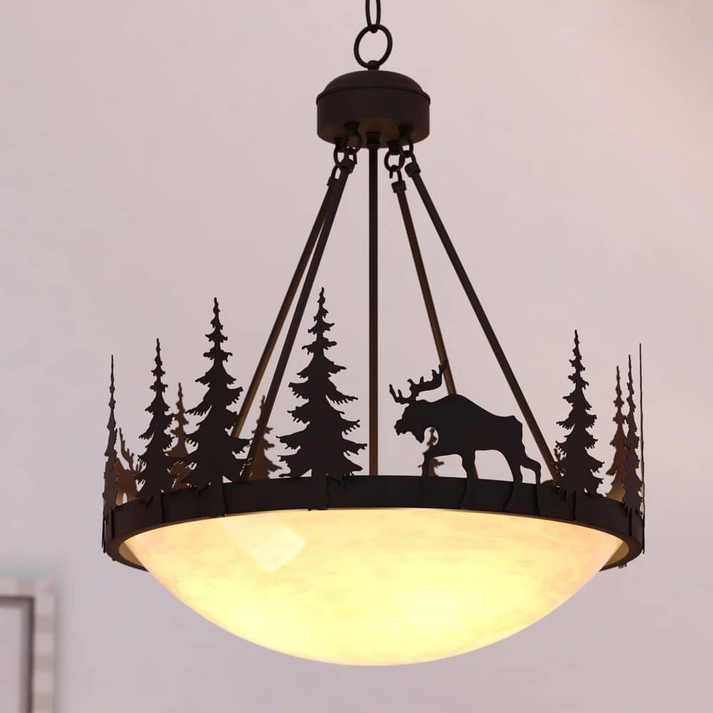 Yellowstone 4-Light 24 in. Wide Burnished Bronze Rustic Moose Bowl Pendant Light with Amber Flake Glass Shade price history on PriceWatchPro