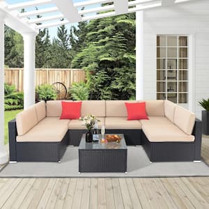 Black Brown 7-Piece Wicker Outdoor Sectional Set with Brown Cushions
