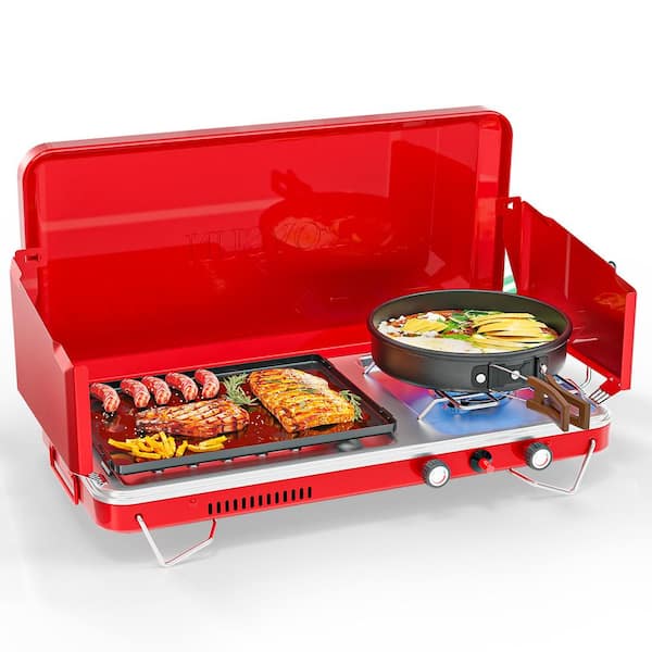 ROVSUN 2-in-1 Portable Camping Stove & Propane Grill with Enamel Griddle, Piezo Igniter, Wind Panel & Regulator, Red