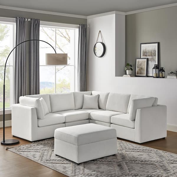 Chandler 93 in. Square Arm 6-piece Polyester Performance Fabric L-Shaped Sectional in Ivory