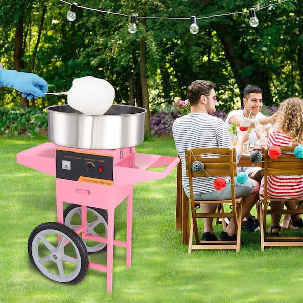 Electric Cotton Candy Machine with Cart, 1000W Commercial with Stainless Steel Bowl, Sugar Scoop and Drawer,Pink