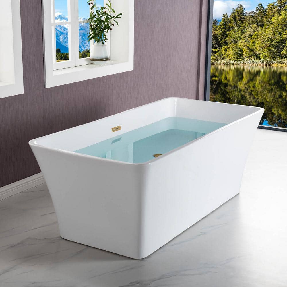 Echo 59'' White Acrylic Freestanding Soaking Bathtub with Brushed Gold Trim