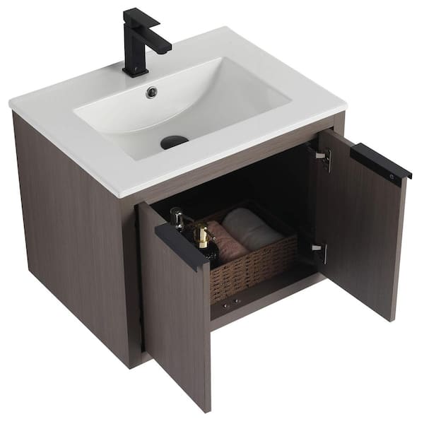 Kingsford 24 in. Single Wall Mounted Gray Oak Bath Vanity with Doors with White Ceramic Sink Top