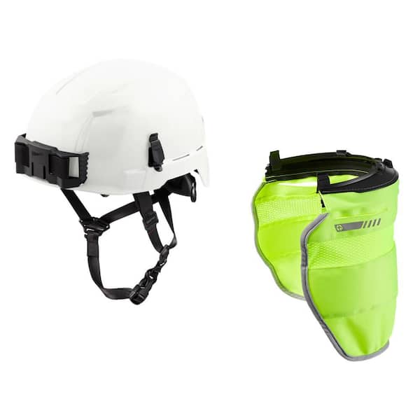 BOLT White Type 2 Class E Non-Vented Safety Helmet W/BOLT Yellow High Visibility Mesh Sunshade with 50+UPF UV Protection