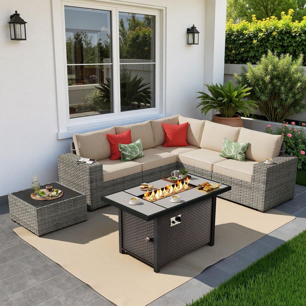 Ruby 7-Piece Wicker Outdoor Patio Fire Pit Sectional Sofa Set with a Table and Beige Cushions price history on PriceWatchPro