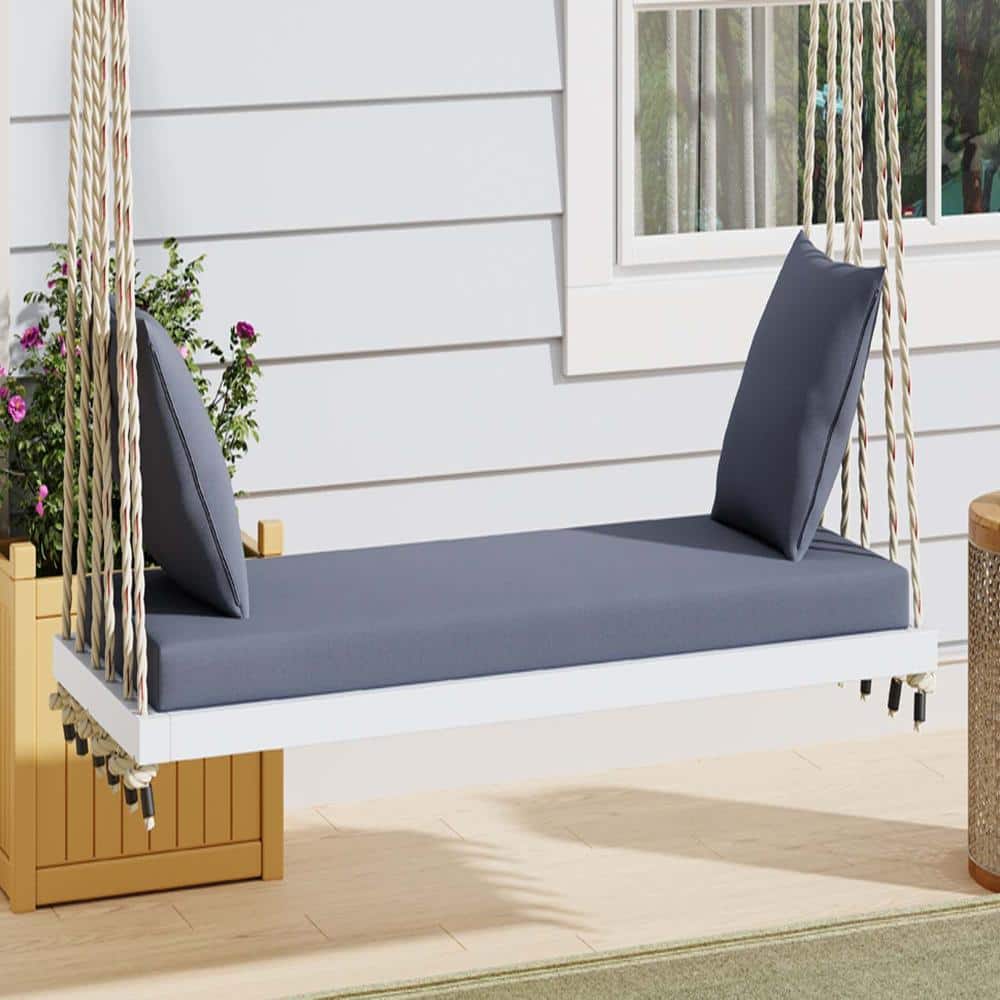 Patio Wooden Swing Chair,Hanging Porch Swing Bench with Cushion&Pillow,10.8Ft Hemp Ropes for Garden,Backyard,Lawn,White