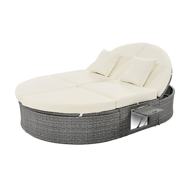 Runesay Luxury 2-Person Wicker Outdoor Day Bed with Beige Cushions and Pillows, Adjustable Backrests and Foldable Cup Trays