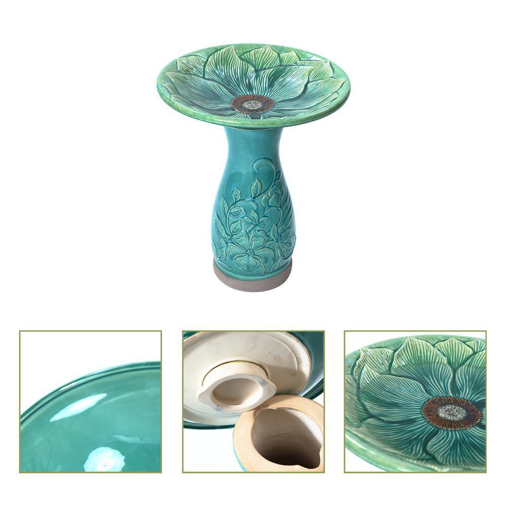 Aqua Green Ceramic Flower Carved Birdbath, 22-Inch Tall