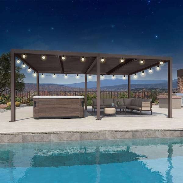 PURPLE LEAF 12 ft. x 20 ft. Bronze Aluminum Frame Outdoor Louvered Pergola with Adjustable Sunshade Roof and Solar String Lights